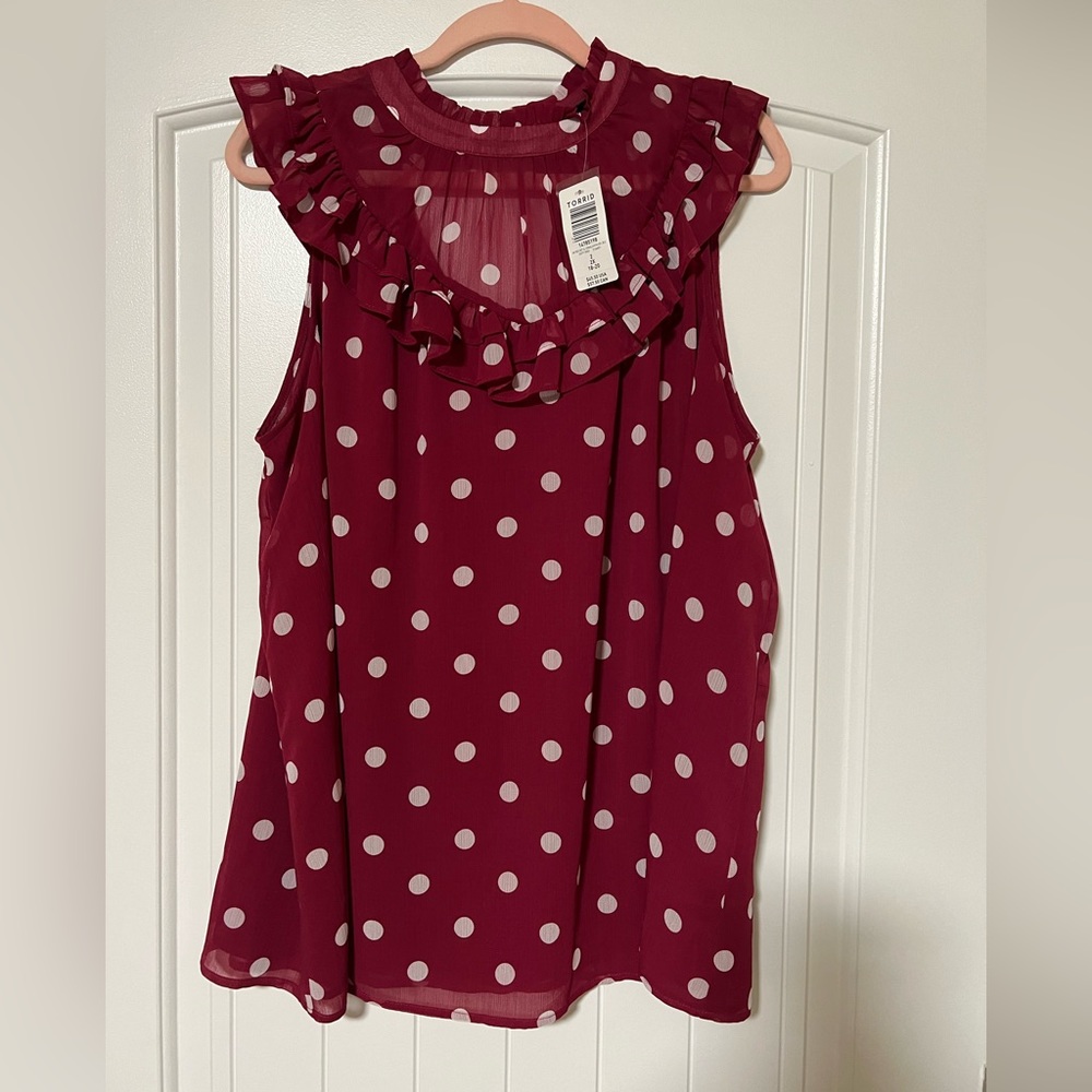Red Dot Crinkle Chiffon Ruffle Blouse 2X 18/20 NWT